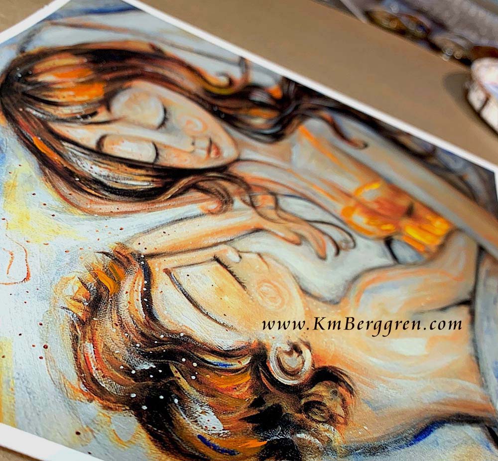 Artistic depiction of two figures sleeping together, brunette mother and son, mother and daughter art, mother and daughter sleeping artwork, painting of mom and little girl napping, child and mom sleeping artwork, mom and son sleeping art, paintings of mother and child, hopeful optimistic white and gold artwork for moms and women, kmberggren, km berggren, kimberggren