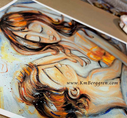 Artistic depiction of two figures sleeping together, brunette mother and son, mother and daughter art, mother and daughter sleeping artwork, painting of mom and little girl napping, child and mom sleeping artwork, mom and son sleeping art, paintings of mother and child, hopeful optimistic white and gold artwork for moms and women, kmberggren, km berggren, kimberggren