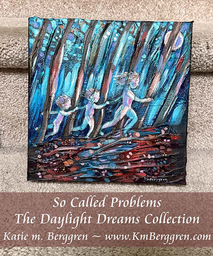 ►ONE AVAILABLE◄ So Called Problems - Original 8x8 Mom and 2 Kids Running Through Forest Painting