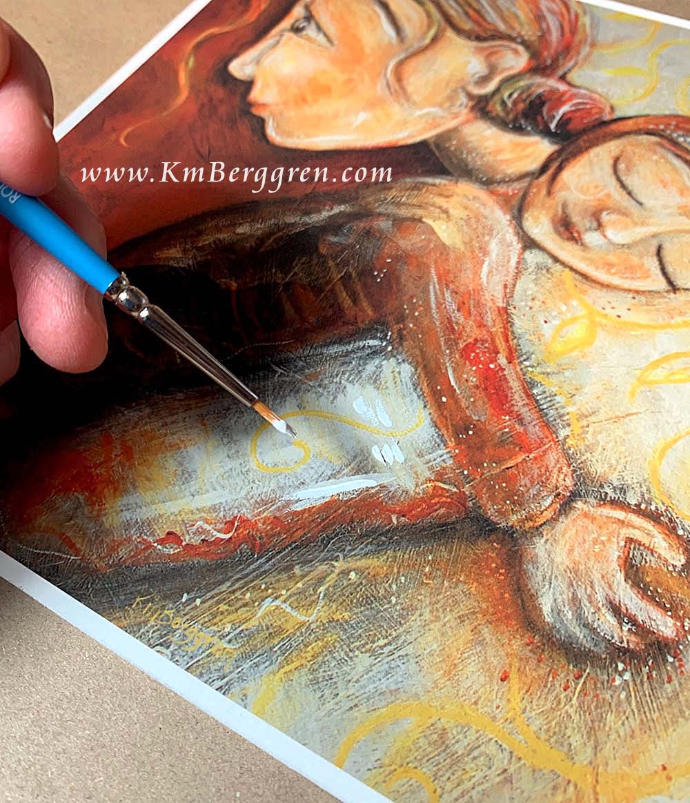 Artistic depiction of a woman holding a child with a decorative background, mother and daughter hugging artwork, painting of mom and little girl, forgiveness artwork, paintings of forgiving, hopeful optimistic gold and red artwork for moms and women, kmberggren, km berggren, kimberggren