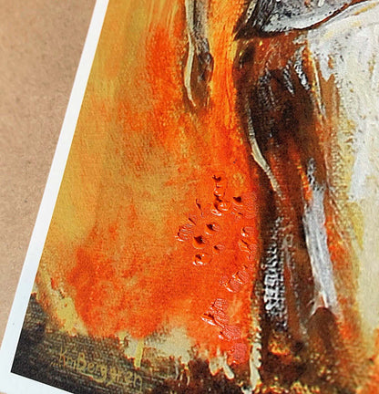 Artistic depiction of a woman and child backview walking in a golden yellow field, mother and son walking away painting, mother and daughter walking artwork, painting of mom and little girl, child and mom walking artwork, paintings of mother and child in nature, hopeful optimistic gold and red artwork for moms and women, kmberggren, km berggren, kimberggren