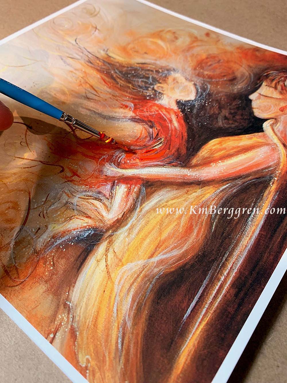 Artistic depiction of two figures embracing with swirling patterns in the background, mother and daughter dancing, mother and daughter artwork, painting of mom and little girl, child and mom together artwork, paintings of mother and child, hopeful optimistic red and gold artwork for moms and women, kmberggren, km berggren, kimberggren