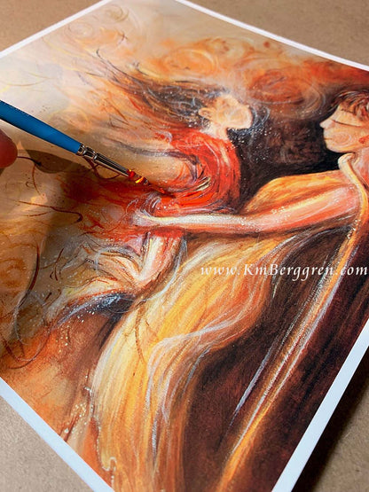 Artistic depiction of two figures embracing with swirling patterns in the background, mother and daughter dancing, mother and daughter artwork, painting of mom and little girl, child and mom together artwork, paintings of mother and child, hopeful optimistic red and gold artwork for moms and women, kmberggren, km berggren, kimberggren