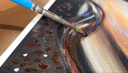 Artistic depiction of a woman holding a child with a dark background, curly blone baby with big eye and naked mother with long brown hair, skin to skin mother and child artwork, kmberggren, km berggren