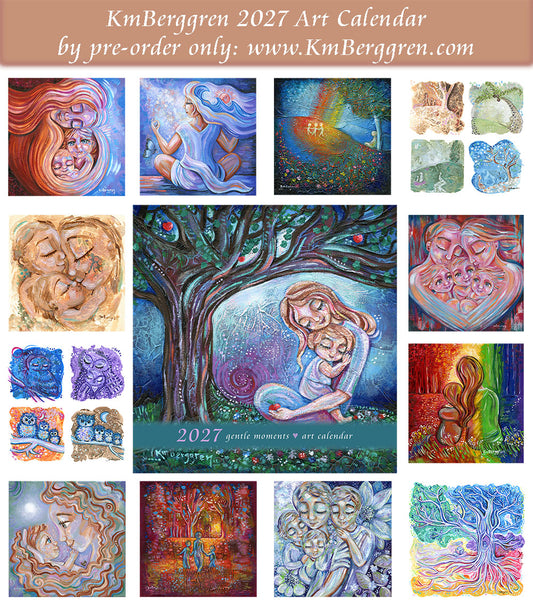 art calendar 2027, km berggren art calendar, mother child calendar, calendar for moms, planner for moms, keepsake calendar, collectible calendar, mom and baby art, calendar for families, calendar for mothers, new baby calendar, new baby gift, new mom gift, push gift artwork, family of 5 painting, mother and two kids, 2 kids artwork, mom and babies painting, paintings of women, art for women