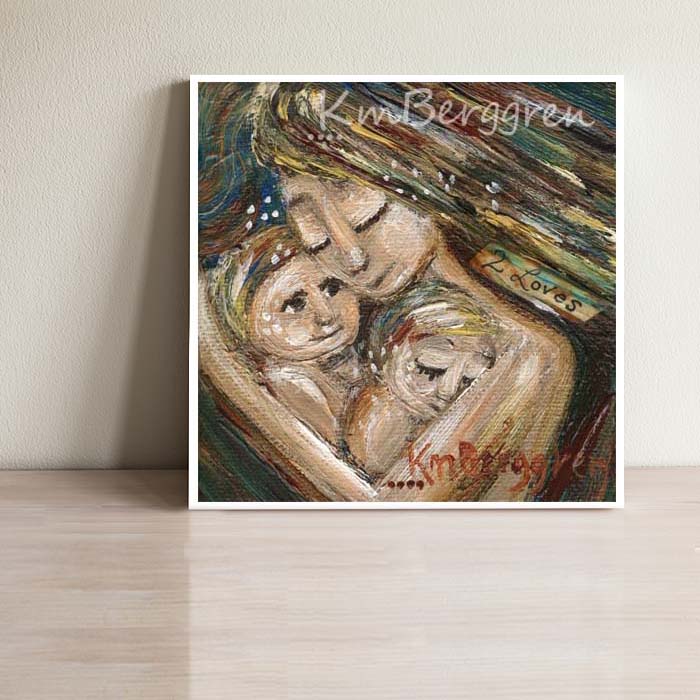 mother cradling twins, new mom of twins gift, brunette mother with 2 blonde sons, blond children, brothers, sisters, intimate family artwork by kmberggren, cuddling babies