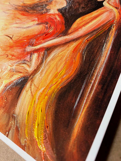 Artistic depiction of two figures embracing with swirling patterns in the background, mother and daughter dancing, mother and daughter artwork, painting of mom and little girl, child and mom together artwork, paintings of mother and child, hopeful optimistic red and gold artwork for moms and women, kmberggren, km berggren, kimberggren