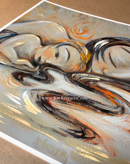 Artistic depiction of two figures sleeping together, brunette mother and blonde son, mother and daughter art, mother and daughter sleeping artwork, painting of mom and little girl napping, child and mom sleeping artwork, mom and son sleeping art, paintings of mother and child, hopeful optimistic white and gold artwork for moms and women, kmberggren, km berggren, kimberggren