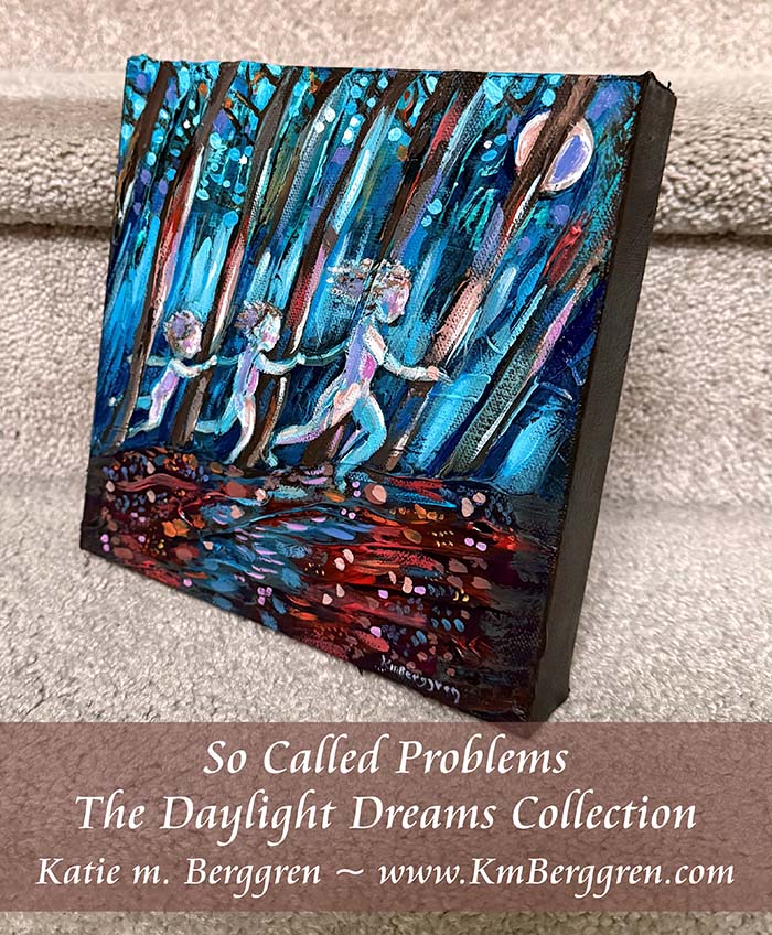 ►ONE AVAILABLE◄ So Called Problems - Original 8x8 Mom and 2 Kids Running Through Forest Painting