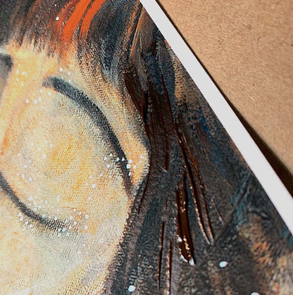 Artistic depiction of two face to face together, brunette mother and son, mother and daughter art, mother and daughter face to face artwork, painting of mom and little girl intimate, child and mom instimate kissing artwork, mom and son art, paintings of mother and child, hopeful optimistic blue and gold artwork for moms and women, kmberggren, km berggren, kimberggren