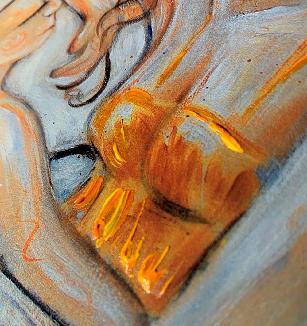 Artistic depiction of two figures sleeping together, brunette mother and son, mother and daughter art, mother and daughter sleeping artwork, painting of mom and little girl napping, child and mom sleeping artwork, mom and son sleeping art, paintings of mother and child, hopeful optimistic white and gold artwork for moms and women, kmberggren, km berggren, kimberggren