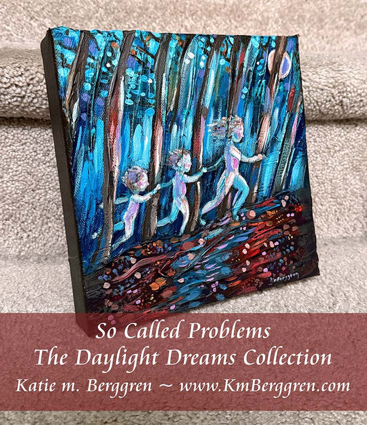 ►ONE AVAILABLE◄ So Called Problems - Original 8x8 Mom and 2 Kids Running Through Forest Painting