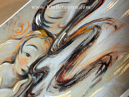 Artistic depiction of two figures sleeping together, brunette mother and blonde son, mother and daughter art, mother and daughter sleeping artwork, painting of mom and little girl napping, child and mom sleeping artwork, mom and son sleeping art, paintings of mother and child, hopeful optimistic white and gold artwork for moms and women, kmberggren, km berggren, kimberggren