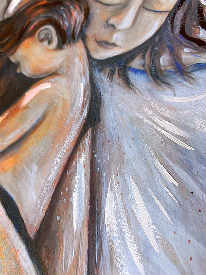 Artistic depiction of a woman and child snuggling on white sheets, mother and son sleeping, mother and daughter resting artwork, painting of mom and little girl, child and mom napping together artwork, paintings of mother and child sleeping, hopeful optimistic white and blue artwork for moms and women, kmberggren, km berggren, kimberggren, family nap, family bed
