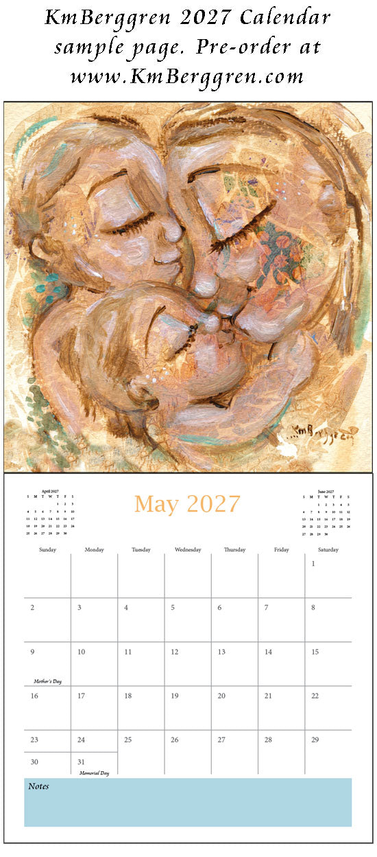 art calendar 2027, km berggren art calendar, mother child calendar, calendar for moms, planner for moms, keepsake calendar, collectible calendar, mom and baby art, calendar for families, calendar for mothers, new baby calendar, new baby gift, new mom gift, push gift artwork, family of 5 painting, mother and two kids, 2 kids artwork, mom and babies painting, paintings of women, art for women