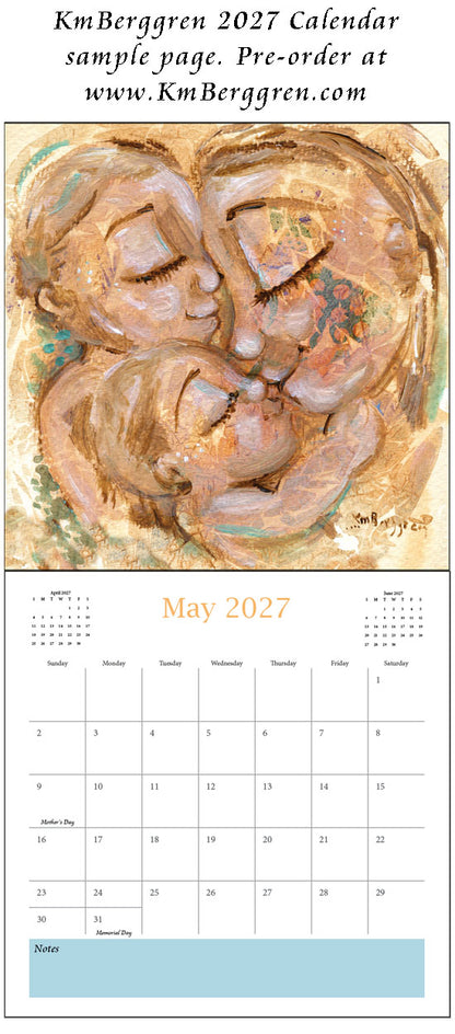 art calendar 2027, km berggren art calendar, mother child calendar, calendar for moms, planner for moms, keepsake calendar, collectible calendar, mom and baby art, calendar for families, calendar for mothers, new baby calendar, new baby gift, new mom gift, push gift artwork, family of 5 painting, mother and two kids, 2 kids artwork, mom and babies painting, paintings of women, art for women