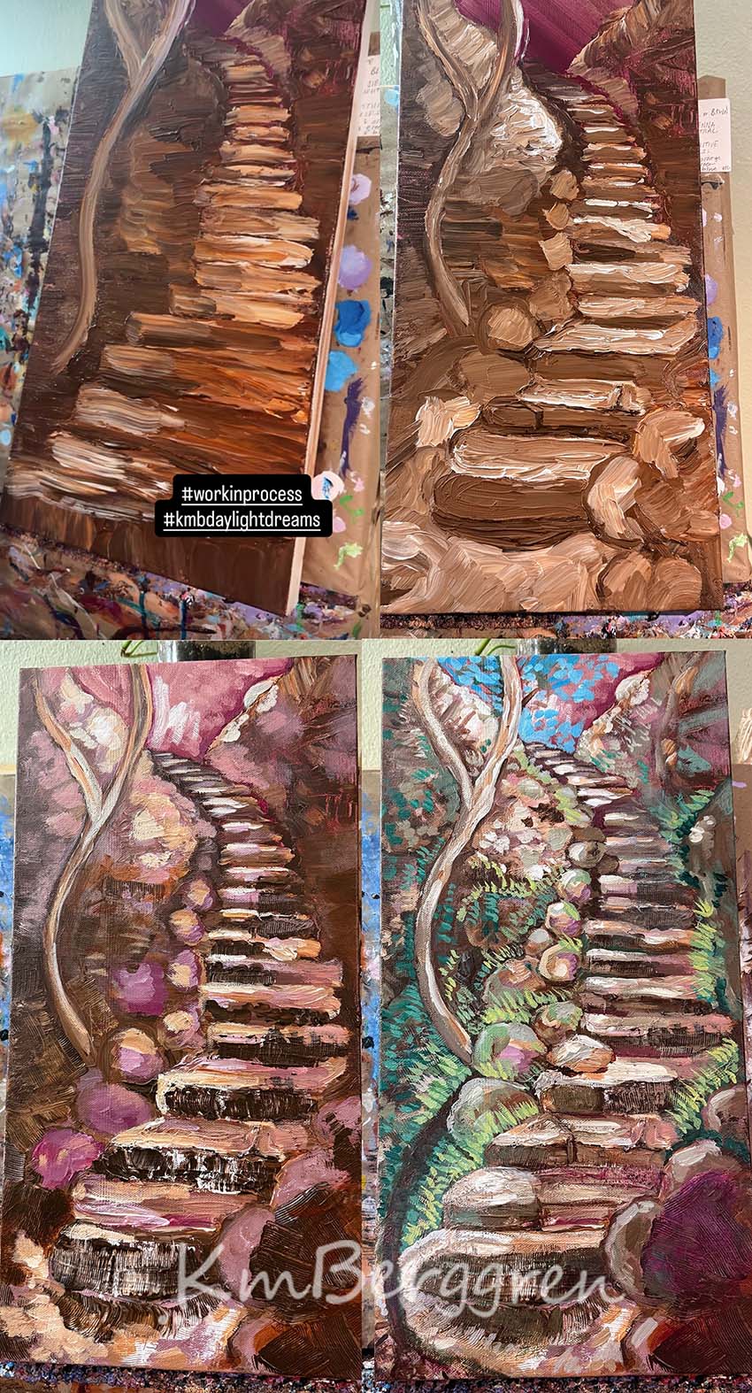 progress of woman climbing stone steps original painting by kmberggren, paintings of women, hopeful artwork, inspirational artwork for women, gifts for mom, art for women, paintings of stairs in nature, paintings of trees, paintings of rocks, kimberggren, kmberggren, katie berggren