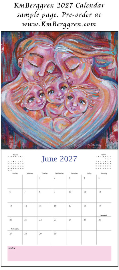 art calendar 2027, km berggren art calendar, mother child calendar, calendar for moms, planner for moms, keepsake calendar, collectible calendar, mom and baby art, calendar for families, calendar for mothers, new baby calendar, new baby gift, new mom gift, push gift artwork, family of 5 painting, mother and two kids, 2 kids artwork, mom and babies painting, paintings of women, art for women