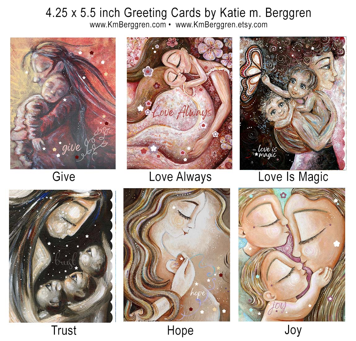frameable gift-sized greeting cards of mother and child paintings, easy to give gifts for moms, gift for best friend, gift for girlfriend, box of tender caring cards for women, a set of artwork greeting cards from Katie m. Berggren