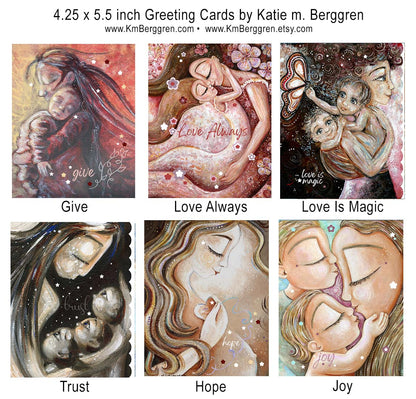frameable gift-sized greeting cards of mother and child paintings, easy to give gifts for moms, gift for best friend, gift for girlfriend, box of tender caring cards for women, a set of artwork greeting cards from Katie m. Berggren