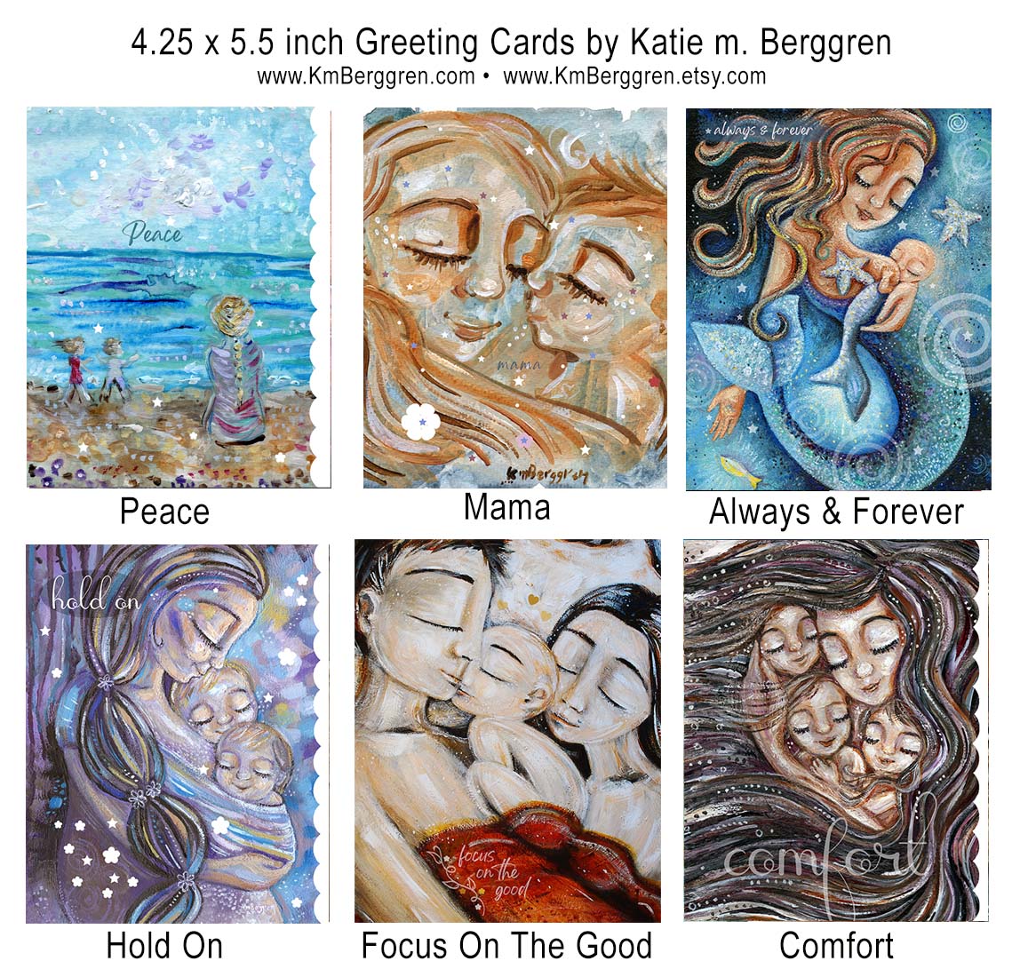 frameable gift-sized greeting cards of mother and child paintings, easy to give gifts for moms, gift for best friend, gift for girlfriend, box of tender caring cards for women, a set of artwork greeting cards from Katie m. Berggren