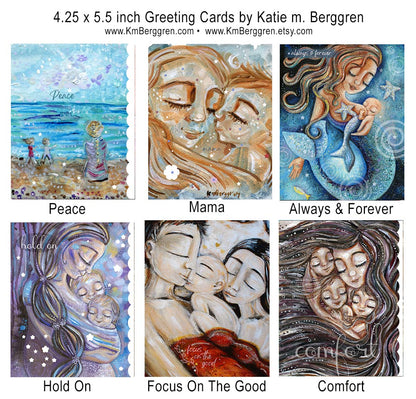 frameable gift-sized greeting cards of mother and child paintings, easy to give gifts for moms, gift for best friend, gift for girlfriend, box of tender caring cards for women, a set of artwork greeting cards from Katie m. Berggren
