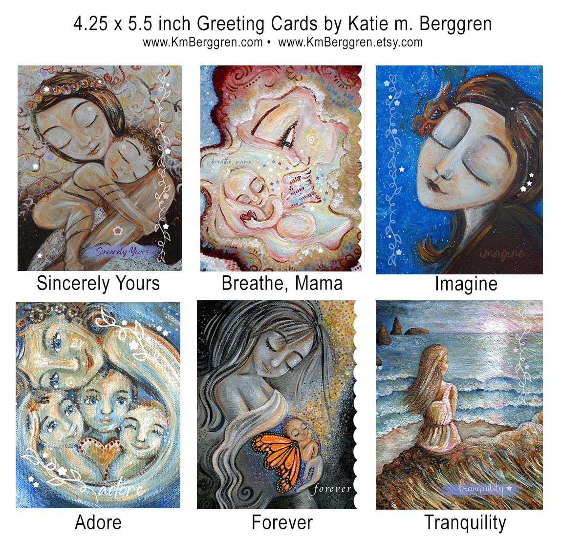 frameable gift-sized greeting cards of mother and child paintings, easy to give gifts for moms, gift for best friend, gift for girlfriend, box of tender caring cards for women, a set of artwork greeting cards from Katie m. Berggren