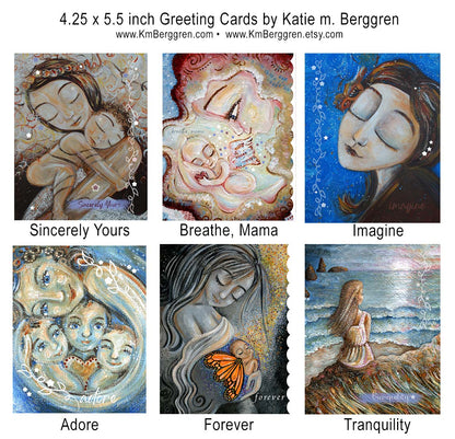 frameable gift-sized greeting cards of mother and child paintings, easy to give gifts for moms, gift for best friend, gift for girlfriend, box of tender caring cards for women, a set of artwork greeting cards from Katie m. Berggren