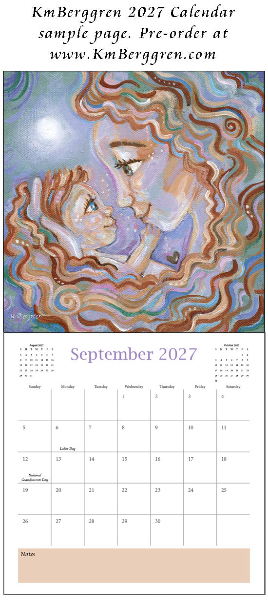 art calendar 2027, km berggren art calendar, mother child calendar, calendar for moms, planner for moms, keepsake calendar, collectible calendar, mom and baby art, calendar for families, calendar for mothers, new baby calendar, new baby gift, new mom gift, push gift artwork, family of 5 painting, mother and two kids, 2 kids artwork, mom and babies painting, paintings of women, art for women
