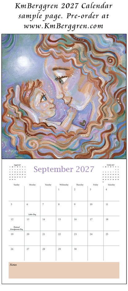 art calendar 2027, km berggren art calendar, mother child calendar, calendar for moms, planner for moms, keepsake calendar, collectible calendar, mom and baby art, calendar for families, calendar for mothers, new baby calendar, new baby gift, new mom gift, push gift artwork, family of 5 painting, mother and two kids, 2 kids artwork, mom and babies painting, paintings of women, art for women