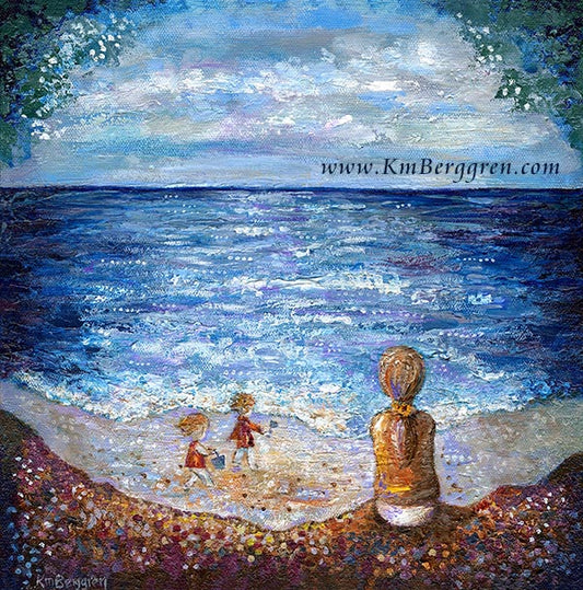 mother watching two children play on beach, beach art, mother and kids on beach, beach lover, beach mom, beach kids, beach babies, beach twins, gift for mom of twins