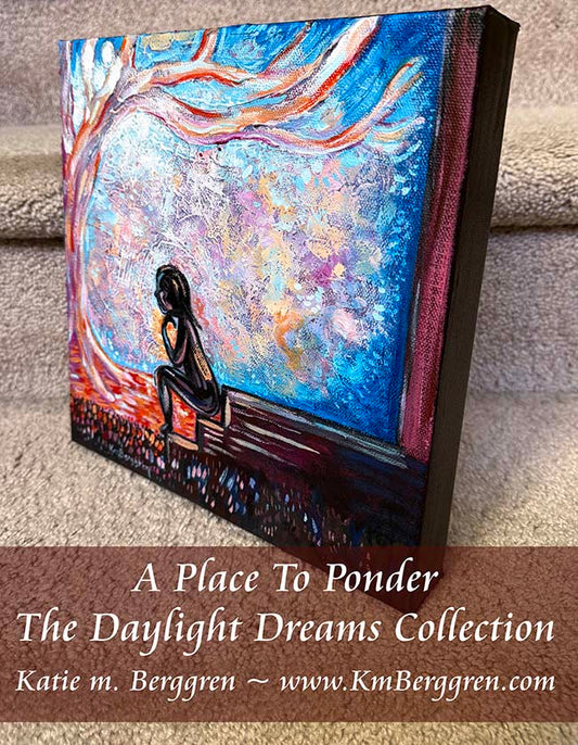 silhouette of a woman sitting on a porch with a colorful sky and tree behind her, sunset, pondering, woman alone, contemplating and self-love painting by Katie m. Berggren, kmberggren, kimberggren