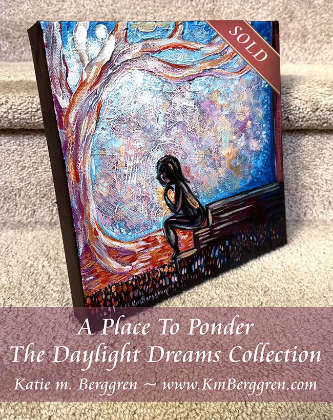 silhouette of a woman sitting on a porch with a colorful sky and tree behind her, sunset, pondering, woman alone, contemplating and self-love painting by Katie m. Berggren, kmberggren, kimberggren