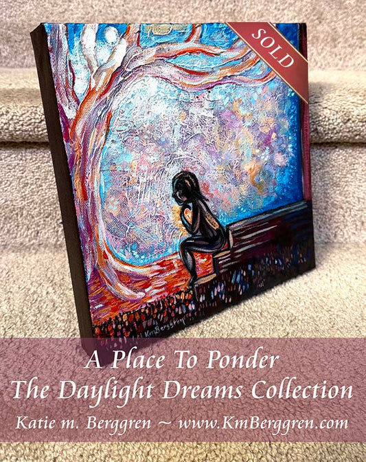 silhouette of a woman sitting on a porch with a colorful sky and tree behind her, sunset, pondering, woman alone, contemplating and self-love painting by Katie m. Berggren, kmberggren, kimberggren
