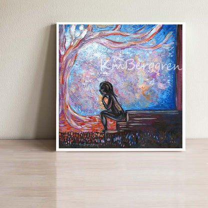 A Place To Ponder - Woman & Colorful Sky Art Print