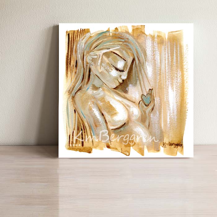 yellow and gold pregnant mother holding a blue heart, meaningful art print, gift for new mom, baby shower gift