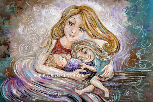 A Still Moment - Customize Eye Color - Mother Nursing New Baby with Big Sister Art Print
