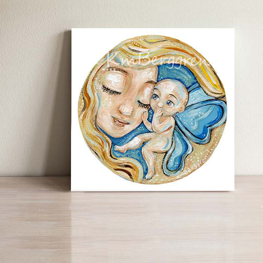 Little Bald Angel Baby Touching Mom's Face CIRCLE Art Print, Winged Baby with blue wings with Blonde Mama, KmBerggren art