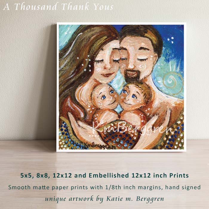 long haired mom and dad with goatee holding two sons wall art, intimate tender family art prints, frameable, kmberggren