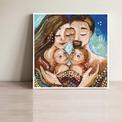 long haired mom and dad with goatee holding two sons wall art, intimate tender family art prints, frameable, kmberggren