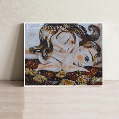 pink baby and mom with brown hair laying on a quilt artwork, kmberggren intimate maternity art prints