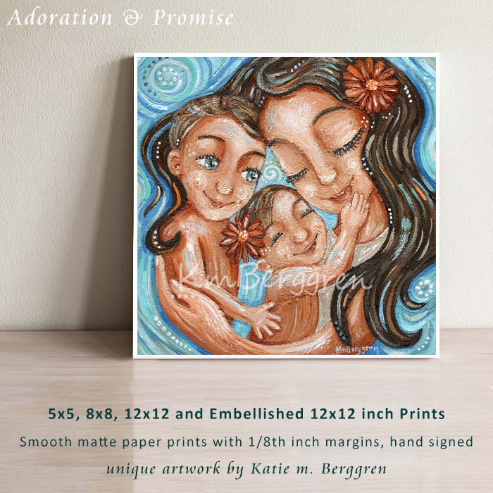 mom, big brother with blue eyes and little sister with a flower in her hair. Brunette mother and two children art print, easy to frame, archival and signed by the artist