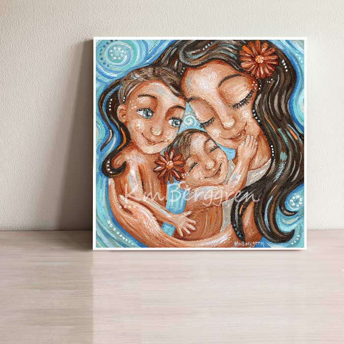 mom, big brother with blue eyes and little sister with a flower in her hair. Brunette mother and two children art print, easy to frame, archival and signed by the artist