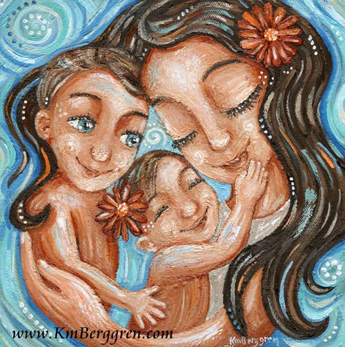 mom, big brother with blue eyes and little sister with a flower in her hair. Brunette mother and two children art print, easy to frame, archival and signed by the artist