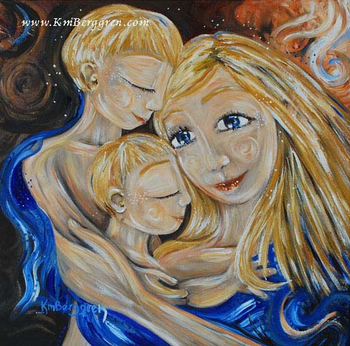 art of mom with two blonde boys, twin boys art, twin boys and mom art, blue eyed blonde woman with blonde children, mom and sons art, mother and son art print, kmberggren, non-ai artwork, artwork created by hands and not ai