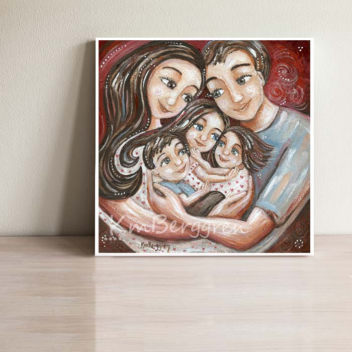 mother and father and three children, brunette hair, long brown hair mom, blue eyed daughter, family of 5 artwork, paintings of family by kmberggren