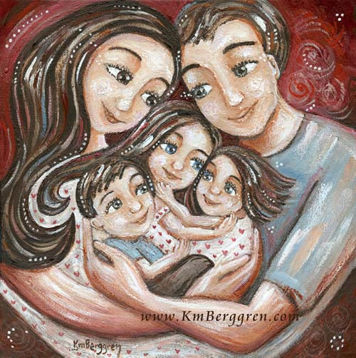 mother and father and three children, two sisters and a son, brunette hair, long brown hair mom, blue eyed daughter, family of 5 artwork, paintings of family by kmberggren