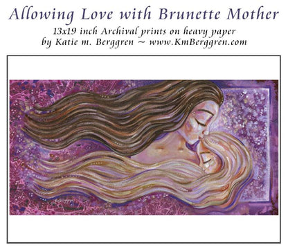 blonde mother blonde daughter, blond long flowing hair, brunette mother with daughter, blonde daughter and brown haired mother, daughter art, painting of mom and girl, big sister little sister artwork mother daughter painting, mother and daughter artwork, mother and girl art, kmberggren, km berggren