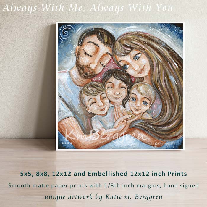 mother and father with three children, long light brown hair mom, dad with facial hair art, three brothers artwork, three kids and parents art print, customizable family of 5 art, personalized family art