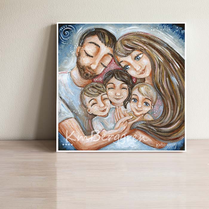 mother and father with three children, long light brown hair mom, dad with facial hair art, three brothers artwork, three kids and parents art print, customizable family of 5 art, personalized family art